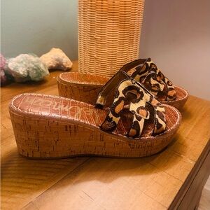 Sam Edelman Regis Leather Leopard Print Calf Hair Wedge Sandal Size 7.5